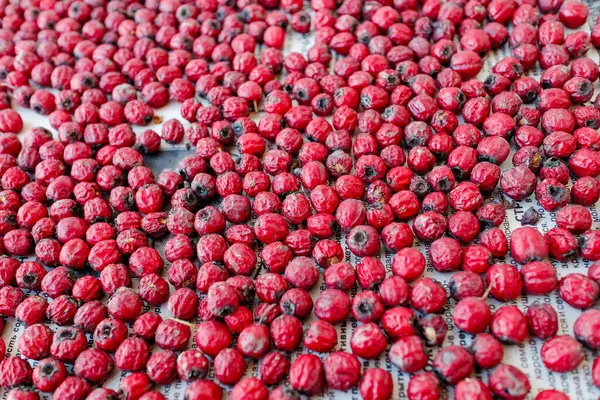 Kurutulmuş kızıl dikenli böğürtlenler kağıda yayılmış. Doğal kurutulmuş meyvelerin yakın görüntüsü. Tasarım ve baskı için makro fotoğrafçılık