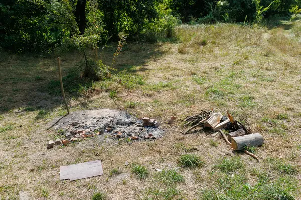 Ağaçlarla çevrili çimenli bir alanda külleri, kütükleri ve dağınık tuğlaları olan terk edilmiş bir kamp ateşi alanı. Kamp fotoğrafçılığı. Vahşi yaşam keşfi kavramı