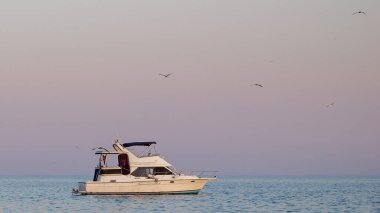 Gün batımında sakin bir denizde yüzen bir motorlu tekne. Etrafı sakin bir gökyüzü ve uçan martılarla çevrili.