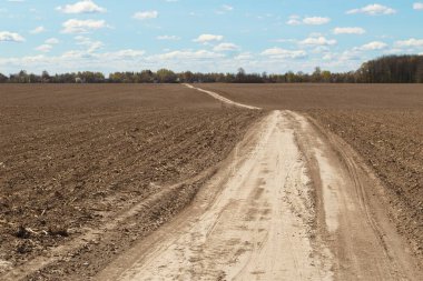 Kıvrımlı toprak bir yol, ilkbaharda dağınık beyaz bulutlarla mavi gökyüzünün altında yeni sürülmüş bir tarlaya uzanıyor..