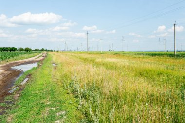 Kırsal toprak yol çimenli bir alan boyunca birikintileri ve parçalı bulutlu bir gökyüzünün altında elektrik hatları var. Kırsal çevrenin manzara fotoğrafçılığı. Tasarım ve baskı için doğa ve altyapı kavramı