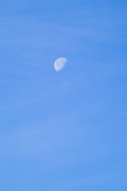 Gün boyunca canlı mavi bir gökyüzüne karşı görülebilen hilal şeklindeki net bir görüntü, dingin doğal bir fenomeni vurguluyor.