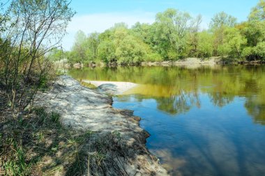 Sakin bir nehir kıyısı, kumlu bir kıyı şeridi, yemyeşil ağaçlar, ve güneşli bir günde açık mavi gökyüzünün altında yansıtıcı su..