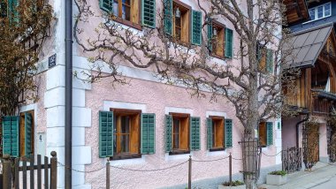 Hallstatt 'taki geleneksel Avusturya evi. Pastel pembe duvarları, yeşil kepenkleri ve ilkbaharın başında ön cephesine tırmanan çıplak bir ağaç.