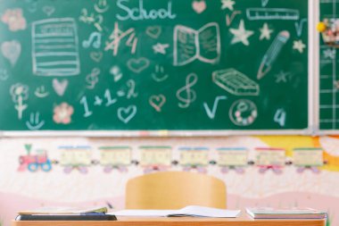 Renkli bir sınıfta açık kitaplarla okul masasının yakın çekimleri, oyuncu karatahta çizimleri ve eğitim duvarı dekorasyonları yer alıyor..