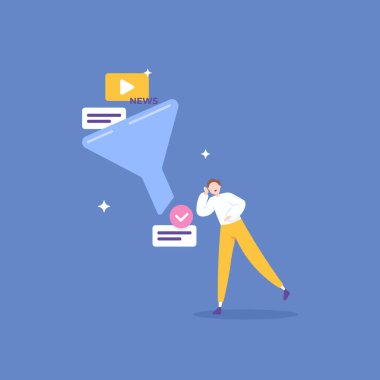 Bilgiyi filtrele. Sosyal medya hakkındaki tüm bilgiler filtreleniyor. Bir adam sahte haberlerden ya da şakalardan kaçınmak için filtre kullanır. Veri doğrulama. konsept çizim tasarımı