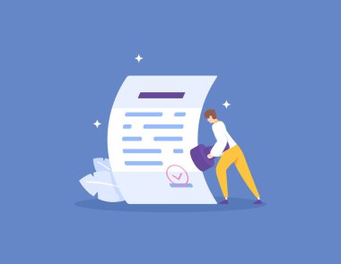 Gözden geçir ve onayla. Testi geçti ve onaylandı. Damga ver. Bir işadamı kağıt raporuna pul yapıştırmak için pul kullanır. Veri doğrulama. Şartlar ve koşullar. konsept çizim tasarımı