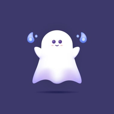 Mutlu beyaz hayalet ve mavi ruh ateşi. Şirin, amcık ve sevimli hayalet karakterler. Cadılar Bayramı element tasarımı, posterler, afişler, etkinlikler ve festivaller. 3d vektör illüstrasyonu