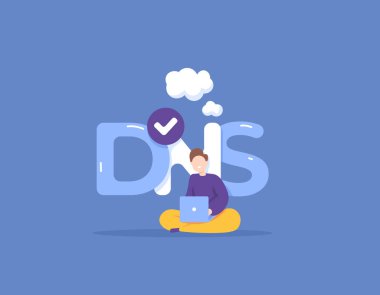 DNS veya Alan Adı Sistemi. İnternetle sanal dünyayı keşfetmek. Laptop kullanan ve halka açık bir Dns sunucusu kullanan bir adam. Güvenli ağ ve teknoloji. Çizim konsepti tasarımı. grafik ögeleri