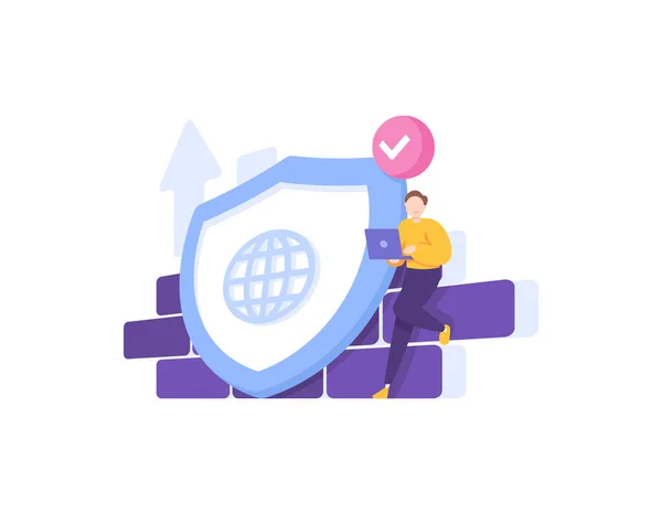 Firewall Internet Netværk Sikkerhedssystem Privatliv Databeskyttelse Mand Bruger Bærbar Computer – Stock-vektor