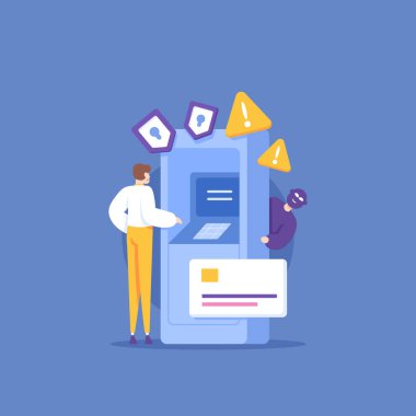 ATM 'de ya da Otomatik Teller Makinesinde suç işlendi. Bir müşteri para çekmek ve ödemek için ATM kullanıyor. Bir suçlu ATM makinesinin arkasında saklanıyor. Çizim konsepti tasarımı. grafik ögeleri