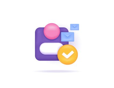 Hesap sembolü, posta zarfı, kene. Kullanıcı doğrulama, güvenli ve doğrulanmış hesap, doğrulama e- postası hakkında simge. 3D ve gerçekçi illüstrasyon tasarımı. grafik ögeleri