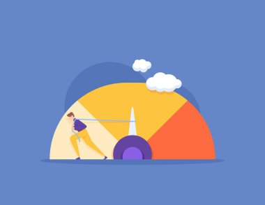 Risk ve sorun yönetimi. Zorluk seviyesini değiştir. Bir adam bir ölçü iğnesi ya da gösterge çizer. Sınırı aşmaktan kaçının. Çizim konsepti tasarımı. grafik ögeleri