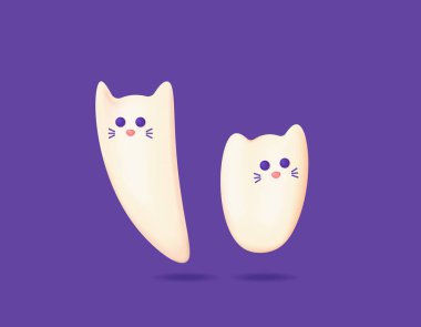 Üç boyutlu kedi hayaleti. İki kedinin ruhları. Komik, sevimli ve sevimli kedi karakterleri. Çizim tasarımı. Grafik elementler Cadılar Bayramı