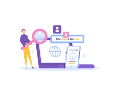 IP tracker and IP address lookup. a male user uses a magnifying glass to see the ip number on a laptop or smartphone device. technology. illustration concept design. graphic elements