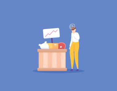 prices of basic necessities rose. increase in the price of goods. effects of recession and economic crisis. a buyer is dizzy and confused because the price of food has all gone up. inflation