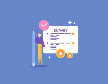 online survey. fill out surveys to earn money. questionnaire. a male respondent fills out a survey form. illustration concept design. graphic elements