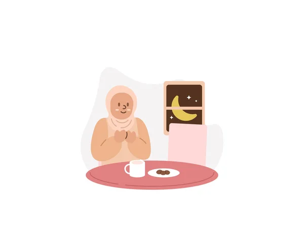 一个穆斯林女人在打破禁食之前先祈祷 饭前祷告 人们在斋月的活动 图解概念设计 拉马丹的病媒元素 — 图库矢量图片