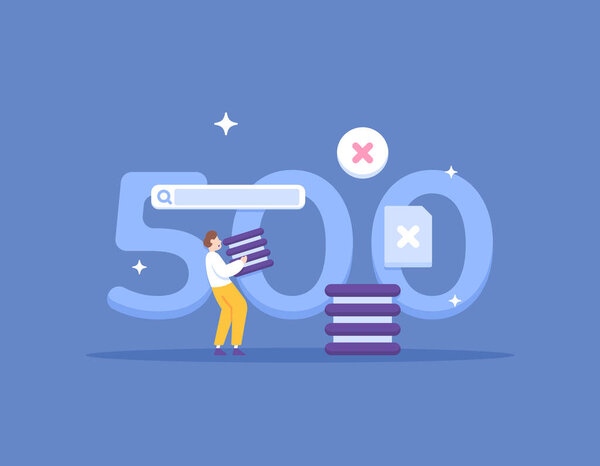 Код ошибки 500 Internal Error. Произошла ошибка на сервере хостинга сайта. Веб-мастер пытается исправить проблему, которая появляется на сайте. Концепция иллюстрации. векторные элементы