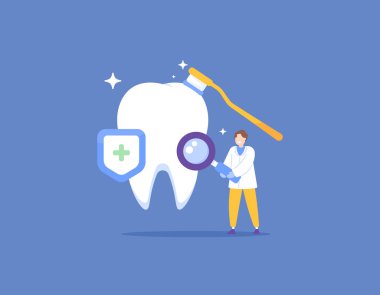 Dental specialists. examine, diagnose, and treat dental health disorders. health check and dental hygiene. A specialist with a magnifying glass and toothbrush. occupation and profession. illustration  clipart