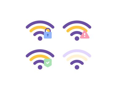 Kablosuz ağ ya da kablosuz ağ. ağ sistemi. Wi-Fi sinyali, güvenlik, koruma ve alarmlar. İnternet ve teknoloji. koleksiyon ya da sembol ya da simge seti. Minimalist 3D konsept tasarımı. vektör