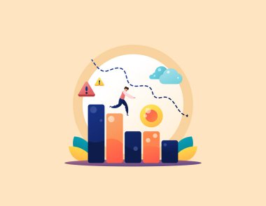 Gelir, kâr ve satışlar düşmeye devam ediyor. Şirket performansı düşüyor. Para peşinde koşan bir işadamı. İflasa doğru, iş başarısızlığına. Çizim konsepti tasarımı. Vektör ögeleri