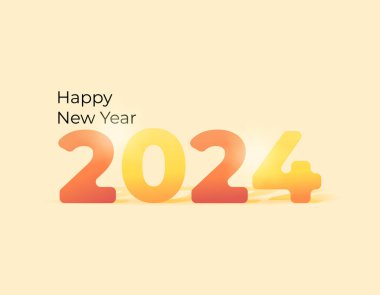 Mutlu yıllar 2024. 2024 haneli. Kutlama, ziyafet, festival ve etkinlik. Sarı arka plan. Tebrik kartları, afişler, posterler, takvimler için tasarım öğeleri. modern. Kabartmalı ve gölgeli etki. Vektör