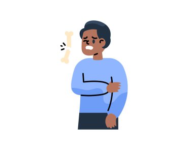 Kolunda kırık olan bir adamın tasviri. Kırıklar yüzünden ağrı. Öğleden sonra el ele tutuşmak. Sorunlar ve olaylar. Düz karakterlerin ve çizgi filmlerin tasarımı. Grafik elementler.