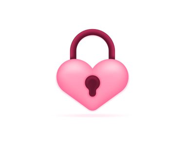 3D resimde asma kilit ya da kalp kilidi var. Kalp şeklinde bir asma kilit. Sembol ya da simge. Minimalist 3D konsept tasarımı. Sevgililer günü grafik elementi. vektör