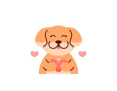 Sevgi sembolü ya da kalp tutan sevimli bir köpeğin çizimi. Komik, sevimli ve sevimli köpek karakteri. Hayvanlar ve aşk. Sevgililer Günü 'nün grafik öğeleri. Poster, etiket, klip sanatı için resim tasarımı. vektörler