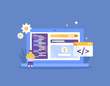 Web sitesi geliştiricisi. Web siteleri oluşturmayı ve geliştirmeyi öğren. Web sitelerini programlamak, yaratmak ve tasarlamak için bir dizüstü bilgisayar kullanın. Hizmet, teknoloji ve istihdam. Çizim konsepti tasarımı. Grafik elementler Vektör