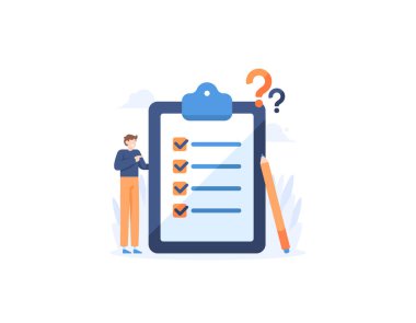 Anket ya da kontrol listesi. Anket dolduran bir davalı. Form kağıdına tik tak. Soruları cevapla Anket formunu doldurun. Katılımcılardan bilgi toplayın. İllüstrasyon kavramı