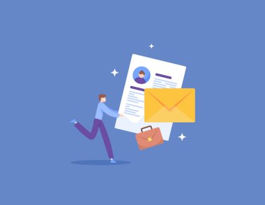 Müfredat vitae 'sini ya da özgeçmişini gönder. İş başvurusu için belge dosyalarını e- posta ile gönder. İş Bulma Konsepti, İş Bulma Kurumu, İş Avcısı. Çizim konsepti tasarımı. Grafik elementler Vektör