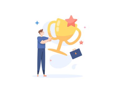 Ödül alan bir adamın resmi. En iyi çalışan ya da işçi. Şampiyon ya da galip. ödüller, ödüller, teşvikler, ikramiyeler. düz stil illüstrasyon tasarımı. Grafik elementler Vektör