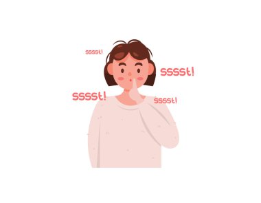 Susuyorum. Sessiz ve sakin olmak isteyen bir kızın görüntüsü. Onlara konuşmayı kesmelerini ya da ses çıkarmamalarını söyle. Jestler. Düz stil kız karakter tasarımı. Grafik elementler Vektör