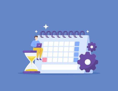 Planlama ve planlama. Zaman yönetimi. Zamanı mümkün olduğunca verimli ve etkili bir şekilde kontrol edin ve kullanın. Çalışan bir çalışan bir kum saatine ve takvimin yanına oturur. İllüstrasyon kavramı