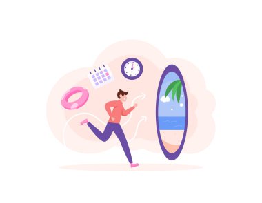 Tatile gitme zamanı. Dinlenmek, gezmek ve dinlenmek için ara ver. İşçiler ya da çalışanlar tatile gider. Bir adam sahile doğru koştu. Çizim konsepti tasarımı. Grafik elementler düz biçim