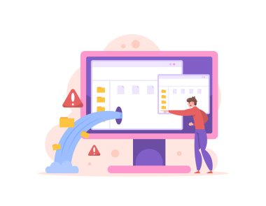 Veri sızıntıları ve veri ihlalleri. Bilgisayar hacklendi. Bilgisayardaki dosya dizinleri veya belgeler hackerlar tarafından alınır. Bilgisayardaki bilgi sızdırılırsa uyar. konsept çizim tasarımı