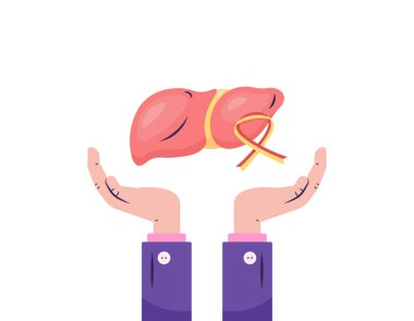 Hepatit günü. Kurdeleli ve elli karaciğer organı çizimi. Karaciğer sağlığını düşün. Çizim konsepti. Grafik elementler Poster, afiş, tebrik kartı için illüstrasyon tasarımı