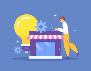 İş fikri. bir iş yaratmak için yenilik yap. Bir iş kurmak için planlar ve stratejiler yapmak. Yaratıcı ve yenilikçi. Ampulü ve dükkanı olan bir girişimci. Çizim konsepti tasarımı. grafik 