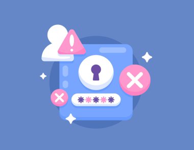 Hesap hatası. Yanlış ya da yanlış şifre. Uyarı ya da uyarı. Hesap sembolü, haç ve anahtar deliği. Güvenlik ve koruma. Çizim konsepti tasarımı. grafik ögeleri