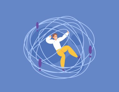 effort to get out of trouble. trying to get rid of problems. complexity and difficulty. illustration of a man trapped in a complicated thread. illustration concept design. graphic elements