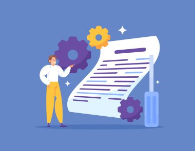 Teknik Yazar Konsepti. Bir ürünün veya servisin teknik ayrıntılarıyla ilgili yazma içeriği oluştur. Teçhizatlı bir adam, bir tornavida ve bir kağıt. Çizim konsepti tasarımı. grafik 