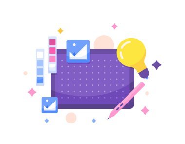 Grafik tasarımcısı, çizer, sanatçı konsepti. yaratıcı işçiler. Yaratıcı içeriği. Çizer kalem tableti, renk paleti, ışıklar ve resim sembolleri. Çizim konsepti tasarımı. grafik ögeleri