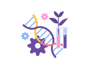 Biyoteknoloji konsepti. Genetik olarak değiştirilmiş organizmalar. Bitkilerin genetik özelliklerini değiştir ya da değiştir. Test tüpleri, bitkiler, teçhizat ve DNA örnekleri. Sembol ya da simge. düz biçim tasarımı