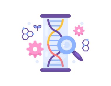 Biyoteknoloji konsepti. Genetik olarak değiştirilmiş organizmalar. Bitkilerin genetik özelliklerini değiştir ya da değiştir. Tüpün, büyüteçin, teçhizatın ve DNA 'nın çizimi. Sembol ya da simge. düz biçim tasarımı