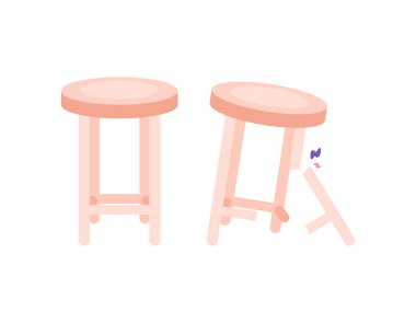 Hasarlı koltuğu olan ahşap bir sandalyenin çizimi. Sandalye bacağı kırılmış. Sembol ya da simge. Mal ya da nesnelerin durumu. Düz tasarım. grafik ögeleri