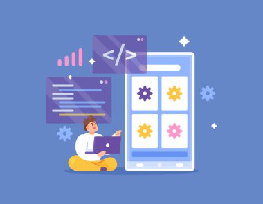 mobil geliştirici yazılım konsepti. Uygulama oluşturan veya akıllı telefon uygulaması geliştiren bir programcının çizimi. Teknoloji ve çalışma. Düz tasarım. grafik ögeleri