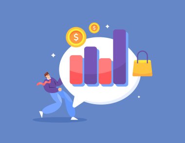 Satışlar konsepti. İş artışı, gelir ve satış sonuçları. kazanç ve başarı. Bir iş adamı ya da girişimcinin çizimi, satışların ciddi şekilde artması nedeniyle mutludur. düz biçim tasarımı