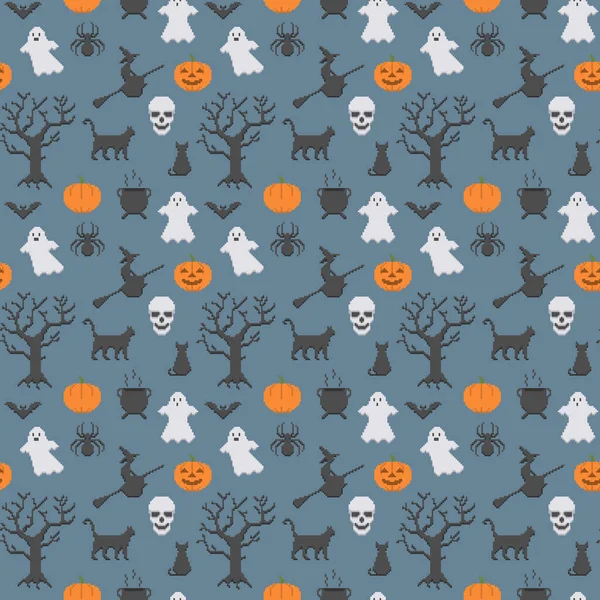 Patrón Sin Costura Halloween Pixelart Objetos — Archivo Imágenes Vectoriales